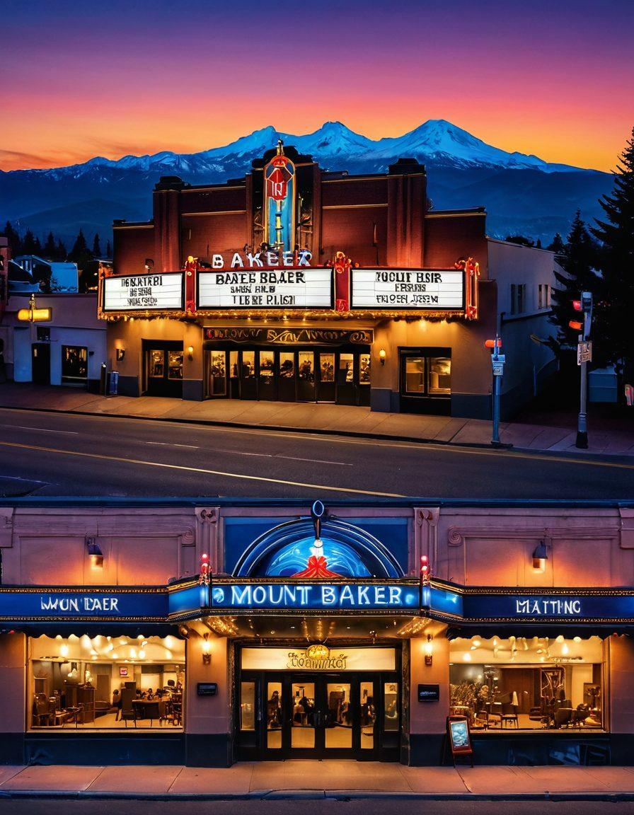 A stunning collage showcasing the Mount Baker Theatre illuminated at twilight, with vibrant scenes of various performances happening inside and around the venue. Include elements such as excited crowds, musicians, dancers, and colorful decor that represent the upcoming events. The sky should be painted with a magical blend of colors to evoke a sense of wonder and anticipation. super-realistic. vibrant colors. twilight backdrop.