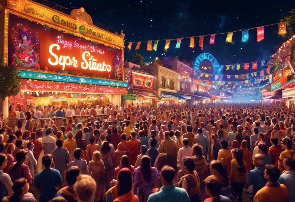 A vibrant scene showcasing a diverse audience captivated by a dazzling live performance on a grand stage. Bright stage lights illuminate the performers in colorful costumes, while enthusiastic crowds hold up glowing signs. The background includes elements of community such as food stalls and handmade crafts. Emphasize energy and excitement. super-realistic. vibrant colors. 3D effect.