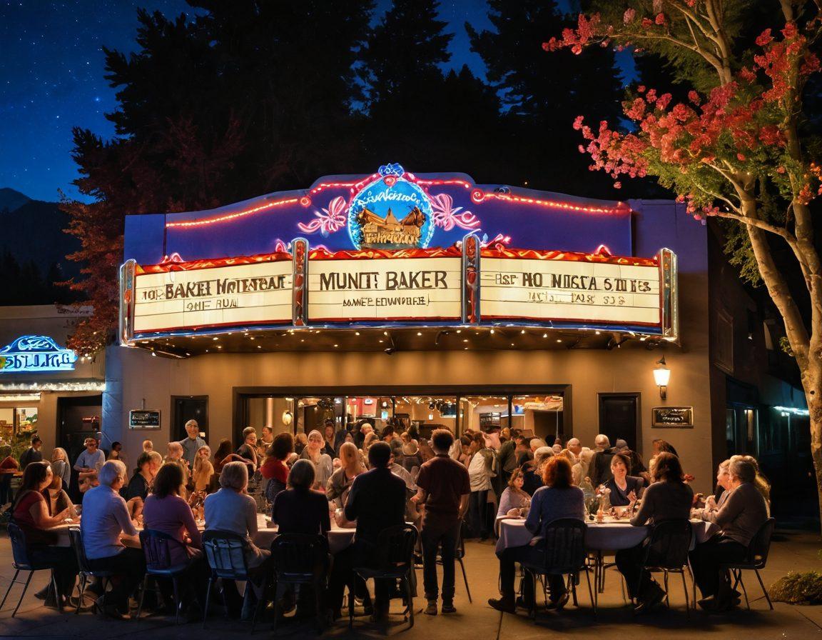 A vibrant scene of Mount Baker Theatre illuminated at night, featuring an inviting marquee showcasing upcoming theatrical and musical shows. In the foreground, a diverse group of excited audience members holding tickets and chatting, amidst colorful flowers and trees. The backdrop showcases the stunning mountain landscape under a starry sky, conveying a sense of anticipation and artistry. Bright, dramatic lighting enhances the festive atmosphere. super-realistic. vibrant colors. night setting.